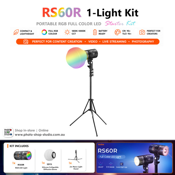 Godox RS60R Starter Kit - 60W RGB Portable LED Video Light with Battery & Diffusion Dome