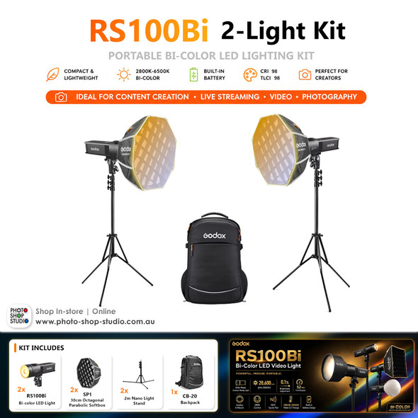 Godox RS100Bi 2-Light Kit - 100W Bi-Color Portable LED Video Light (Built-In Battery) with SP1 Softboxes & Backpack 