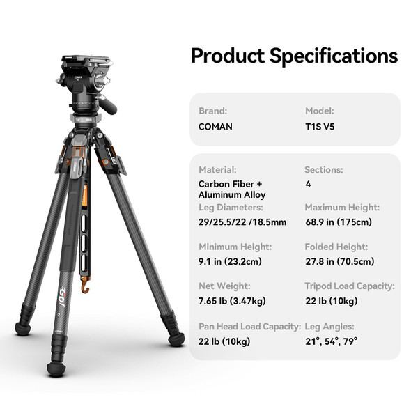 Coman T1SV5 1.75m Snap-Open Carbon Fiber Tripod with Fluid Bowl Head (Max Load 10kg)