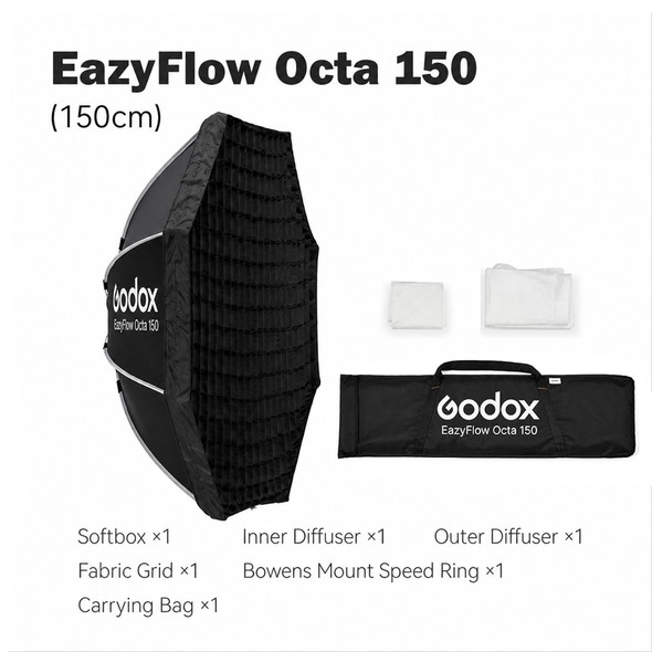 Godox EazyFlow Octa 150 (150cm) Quick Release Octagonal Foldable Softbox with Grid (Bowens Mount)