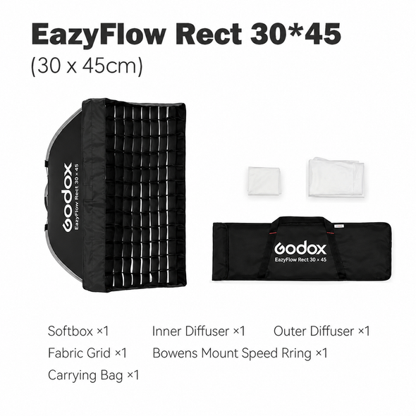 Godox EazyFlow Rect 30*45 (30x45cm) Quick Release Rectangular Foldable Softbox with Grid (Bowens Mount) 