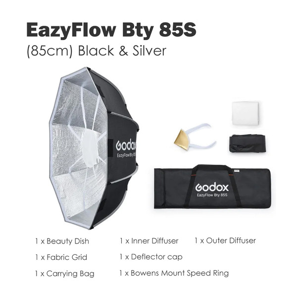 Godox EazyFlow Bty 85S (85cm) Black & Silver Quick Release Foldable Beauty Dish with Grid (Profoto Mount)