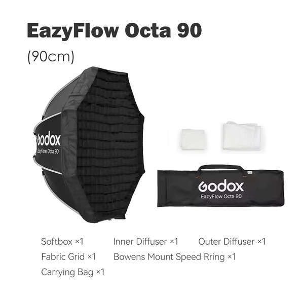 Godox EazyFlow Octa 90 (90cm) Quick Release Octagonal Foldable Softbox with Grid (Profoto Mount)