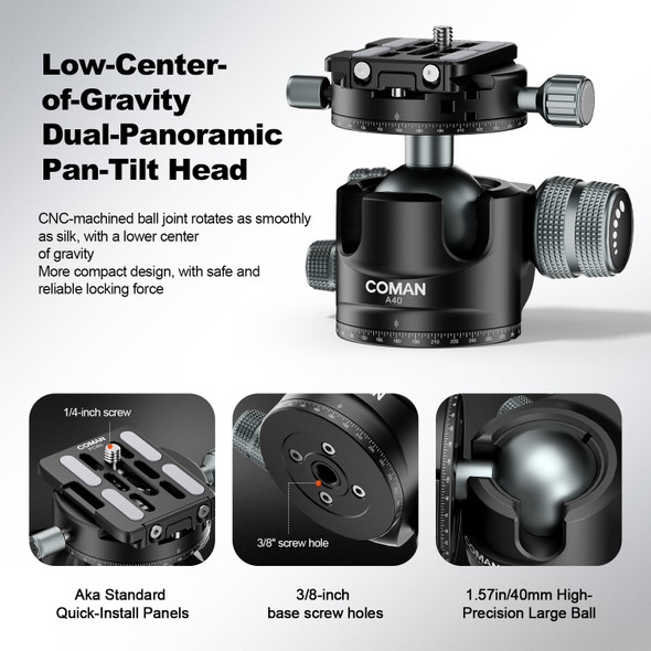 COMAN A40 Panoramic Large LOw Profile Ball Head with Arca QR Plate