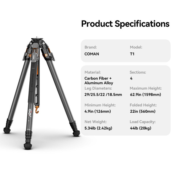 Coman T1+Q6 Snap-Open Quick Release Carbon Fiber Video Tripod Kit
