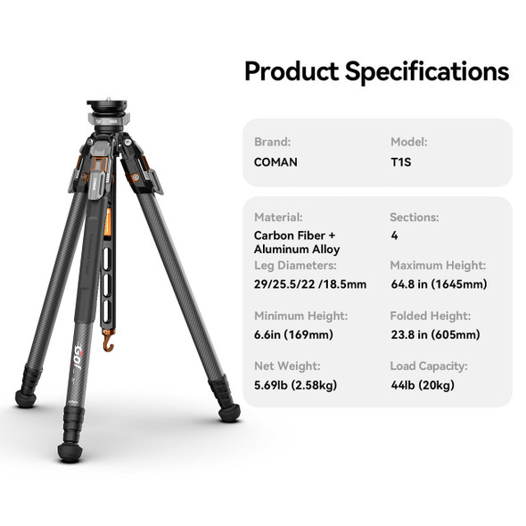 Coman T1S+Q6 Snap-Open Quick Release Carbon Fiber Video Tripod Kit