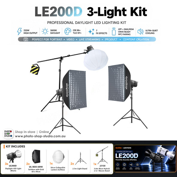 Godox 3 x LE200D 220W Daylight COB LED Light Kit - Black Version