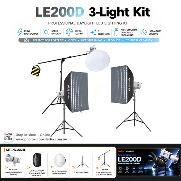 Godox 3 x LE200D 220W Daylight COB LED Light Kit - White Version