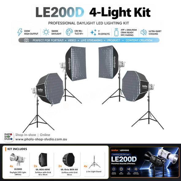 Godox 4 x LE200D 220W Daylight COB LED Light Kit - White Version