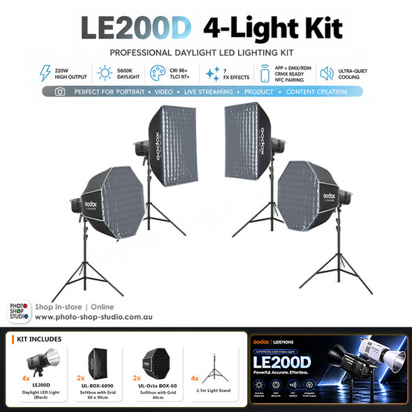 Godox 4 x LE200D 220W Daylight COB LED Light Kit - Black Version