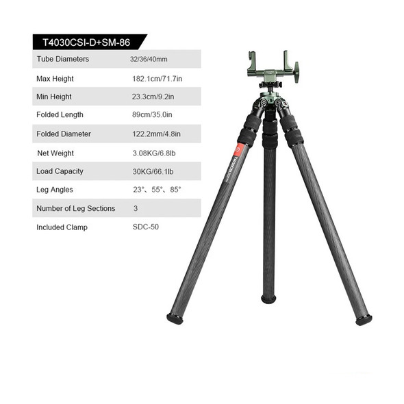 Sunwayfoto T4030CSI-D+SM-86  1.8m Carbon Fiber Hunting Tripod with Rifles Gun Rest - 30kg Payload 