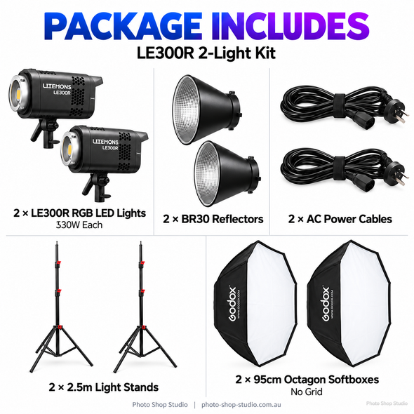 Godox 2 x Litemons LE300R 330W RGB COB LED Light with Studio Softboxes Kit - Black 