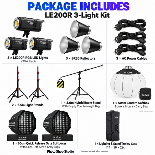 Godox 3 x Litemons LE200R 230W RGB COB LED Light with EazyFlow Octa Softboxes Kit - Black 