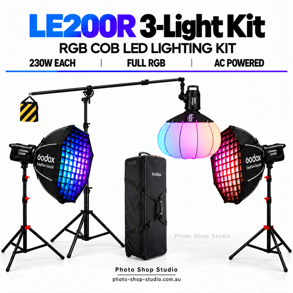 Godox 3 x Litemons LE200R 230W RGB COB LED Light with EazyFlow Octa Softboxes Kit - Black 