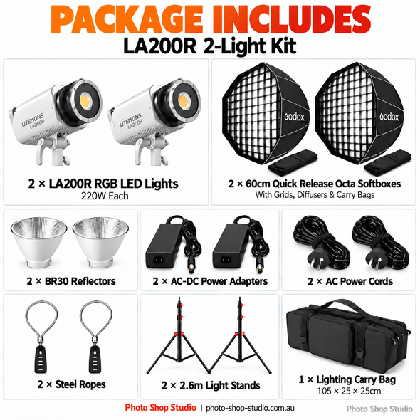 Godox 2 x Litemons LA200R 220W RGB COB LED Light with EazyFlow Octa Softboxes Kit