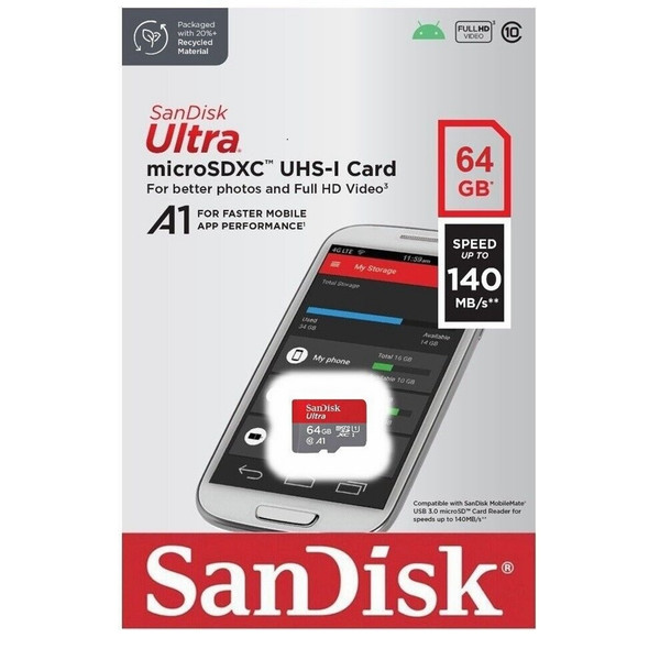 SanDisk Ultra MicroSDXC 140MB/s 64GB UHS-I Memory Card with Adapter