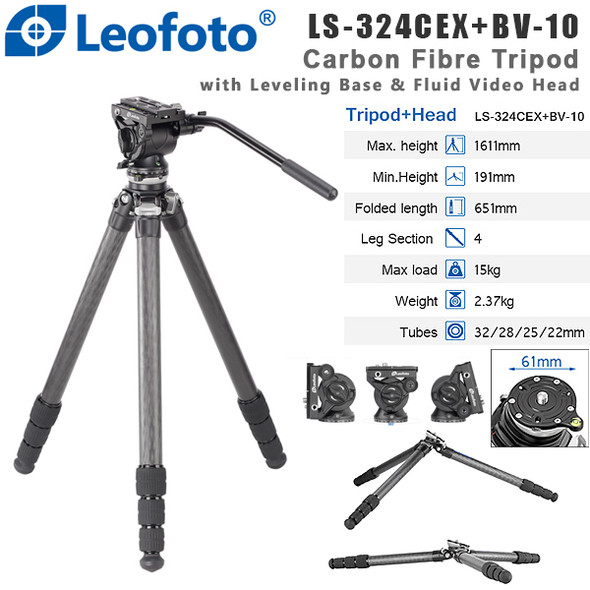 Leofoto LS-324CEX +BV-10 Ranger Series Carbon Fibre Tripod with Leveling Base & Fluid Video Head ( Max Load 15kg, 4 Section, Twist Lock ,Low Profile ,Flat Base )