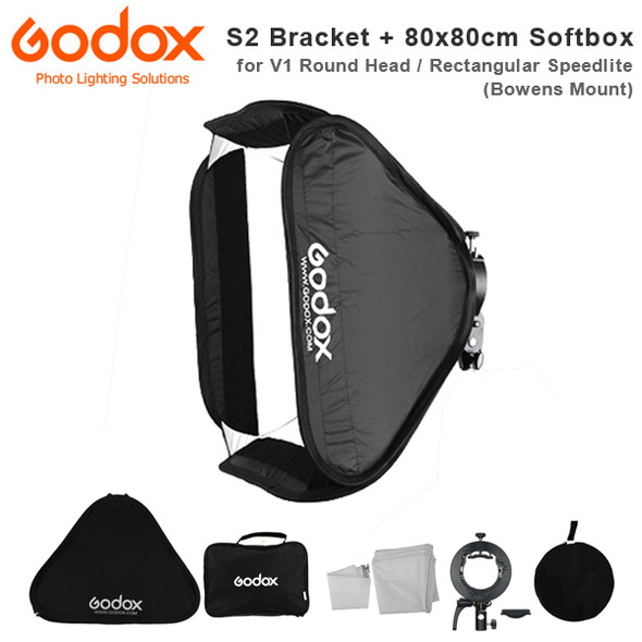 Godox S2 Speedlite Bracket + 80 x 80cm Quick Set Up Softbox Kit (Bowens Mount , V1 Round Head / Rectangular Speedlite ) 