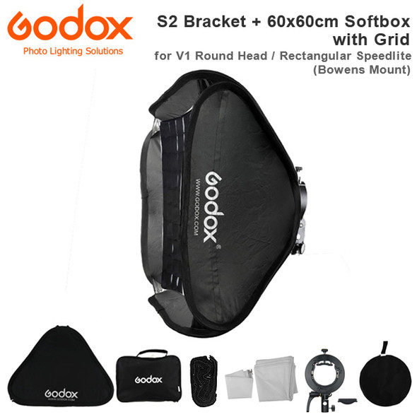 Godox S2 Speedlite Bracket + 60 x 60cm Quick Set Up Softbox with GRID (Bowens Mount , V1 Round Head / Rectangular Speedlite)