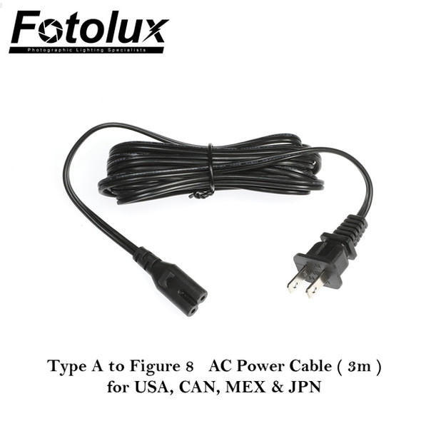 Fotolux Type A 2 flat pins to Figure 8 AC Power Cable (3m)  - USA Japan