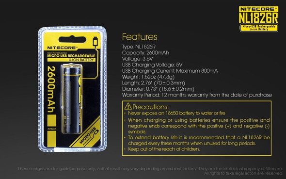 Nitecore NL1826R 18650 USB-C Direct Charge 2600mAh Li-ion Battery
