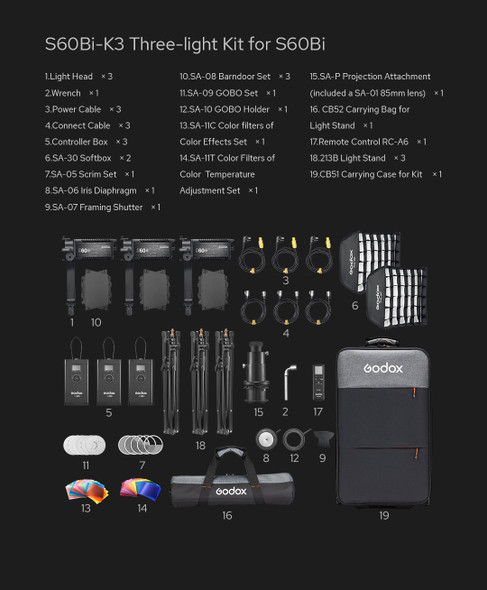 Godox S60Bi-K3 3x S60Bi Bi-Colour Focusing LED Light Kit w 2x Carry Bags