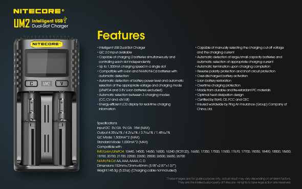 Nitecore UM2 Dual-Slot USB Battery Charger for 18650, 18490, 18350, 17670, 17500, 16340(RCR123), 14500, 10440