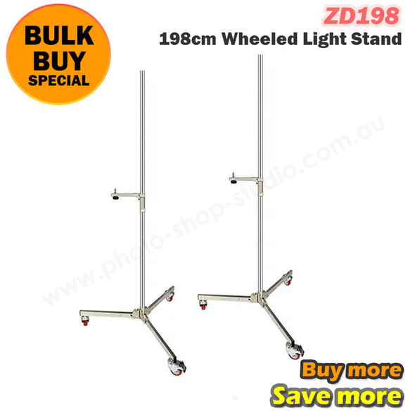 Fotolux 2x SZ-ZD198 Stainless Steel Wheeled Light Stand 198cm with Sliding Arm (Bulk Buy) 