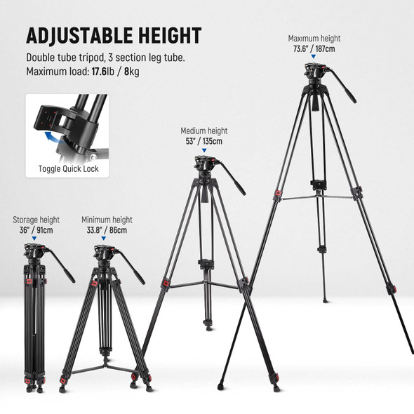 NEEWER TP74 74" Aluminium Pro Video Tripod with Fluid Head
