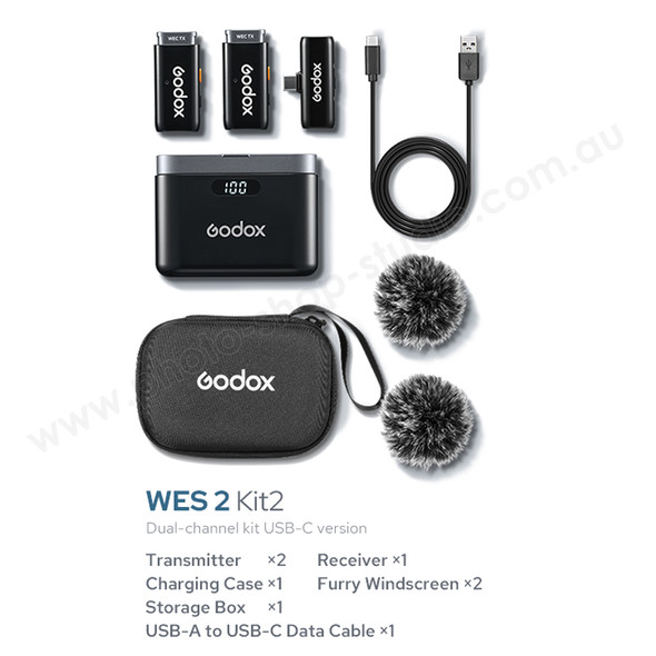 Godox WES2 KIT2 2.4GHz USB-C Wireless Microphone System with Charging Case for  iOS / Android USB-C Devices (2 TX+1 RX)