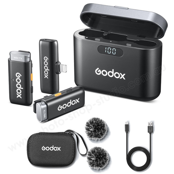 Godox WES1 KIT2 2.4GHz Lightning Wireless Microphone System with Charging Case for iOS Lightning Devices (2 TX+1 RX)