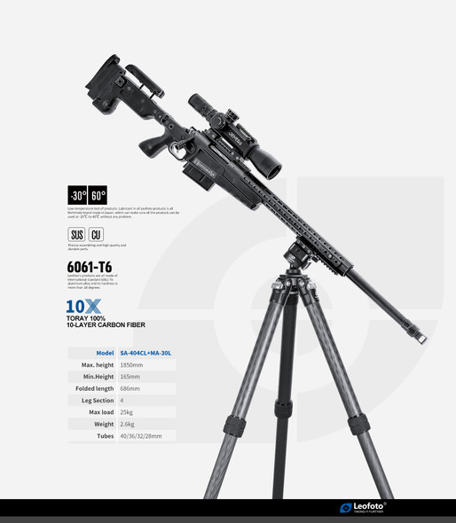 Leofoto SA-404CL+MA-30L Carbon Fiber 4-section Twist Lock Tripod with Rapid-Lock Ball Head Clamp