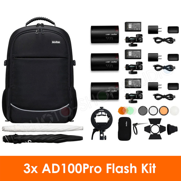 Godox 3x AD100Pro 100Ws TTL Pocket Round Head Three Flash Kit 