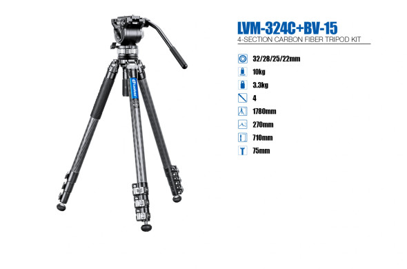 Leofoto LVM-324C+BV-15 Carbon Fiber 4-section Flip Lock Video Tripod with Fluid Head &  Leveling Base (75mm Bowl)