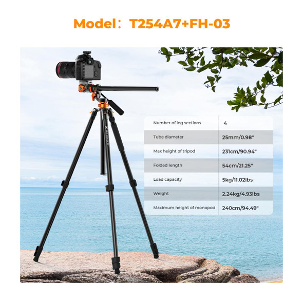 K&F Concept KF09.137 T254A7+FH-03 2.3m Aluminum Fluid Head Video Tripod Monopod with Transverse Center Column