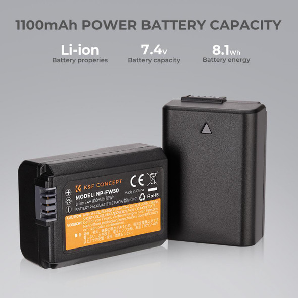 K&F Concept KF28.0015V3 NP-FW50 7.4V 1100mAh 8.1Wh Rechargeable Li-ion Battery (Replaces Sony NP-FW50)