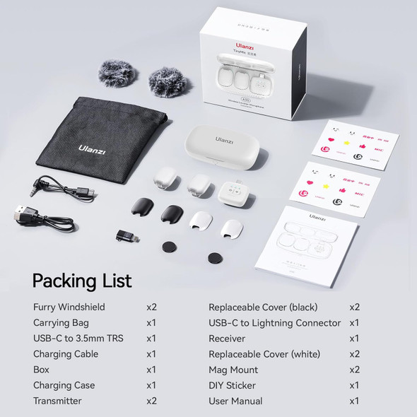 Ulanzi A30 A014GBB2 (2TX + 1RX) Wireless Lavalier Tiny Microphone with Charging Case (White) 