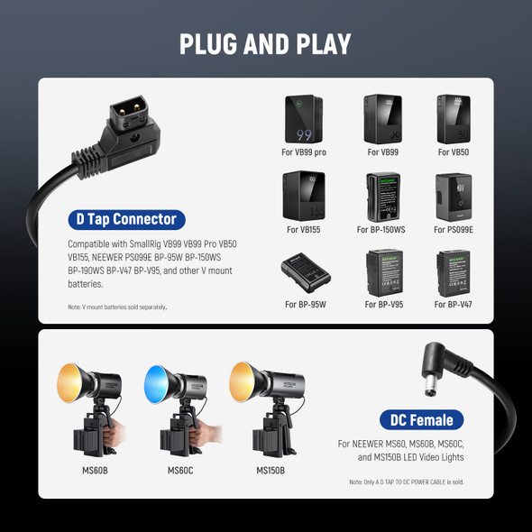 NEEWER NC010 D-Tap to DC Power Cable (1.8m) for MS60 MS60B MC60C MS150B LED Video Light