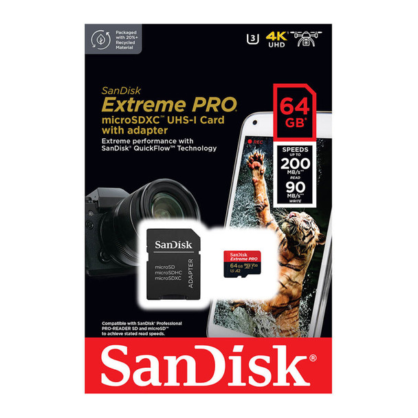 SanDisk Extreme PRO 64GB 200MB/s Micro SDXC UHS-I V30 Memory Card with Adapter