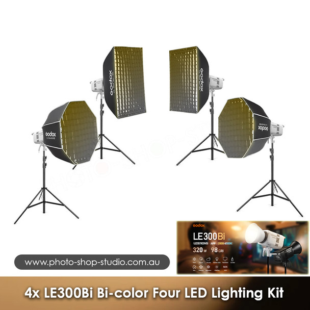  Godox 4x LE300Bi Litemons 320W Bi-color COB AC Power Four LED Lighting Kit (White Version)
