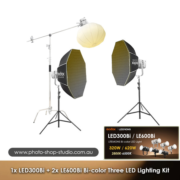 Godox 1x LE300Bi + 2x LE600Bi Litemons Bi-color COB AC Power Three LED Lighting Kit (White Version)