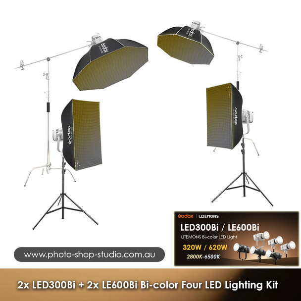 Godox 2x LE300Bi + 2x LE600Bi Litemons Bi-color COB AC Power Four LED Lighting Kit (White Version)