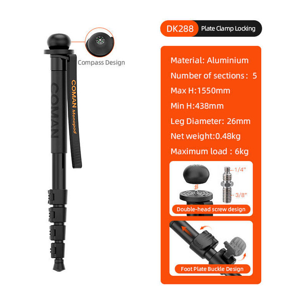 Coman DK288 1.55m Aluminium Trekking Pole Monopod with Compass Head & mount (Max Load 6kg)