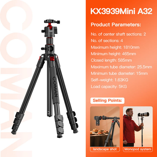 Coman KX3939Mini A32 1.8m Aluminium Alloy Multi-Functional Horizontal Tripod & Monopod with Ball Head for Flat Lay Photos (Max Load 5kg)