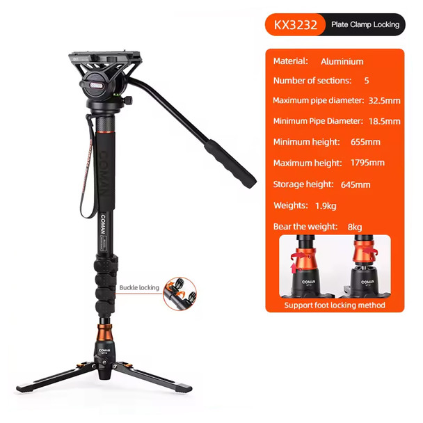 Coman KX3232 1.8m Aluminum Alloy Video Fluid Head Monopod with Leg  (Max Load 8kg)