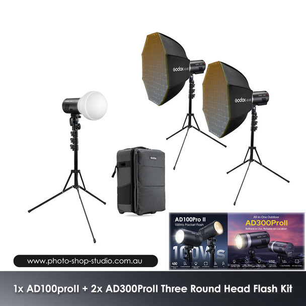  Godox 1x  AD100ProII + 2 x AD300ProII Three Round Head Flash Kit 