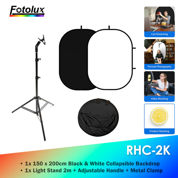  Fotolux RHC-2K 150 x 200cm (Black & White) 2-in-1 Double Sided Collapsible Backdrop with Light Stand Kit