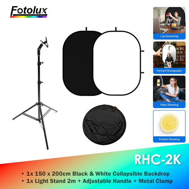  Fotolux RHC-2K 150 x 200cm (Black & White) 2-in-1 Double Sided Collapsible Backdrop with Light Stand Kit