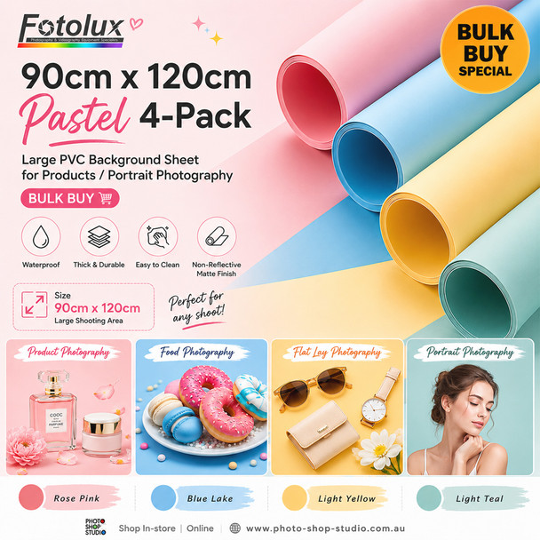 Fotolux 90cm x 120cm Pastel 4-Pack Large PVC Background Sheet for Products/Portrait Photography (Rose Pink +Blue Lake + Light Yellow + Light Teal) -Bulk Buy 