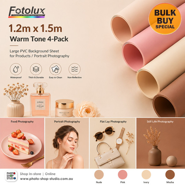 Fotolux 1.2m x 1.5m  Warm Tone  4-Pack Large PVC Background Sheet for Products/Portrait Photography (Nude + Pink + Ivory + Mocha ) - Bulk Buy